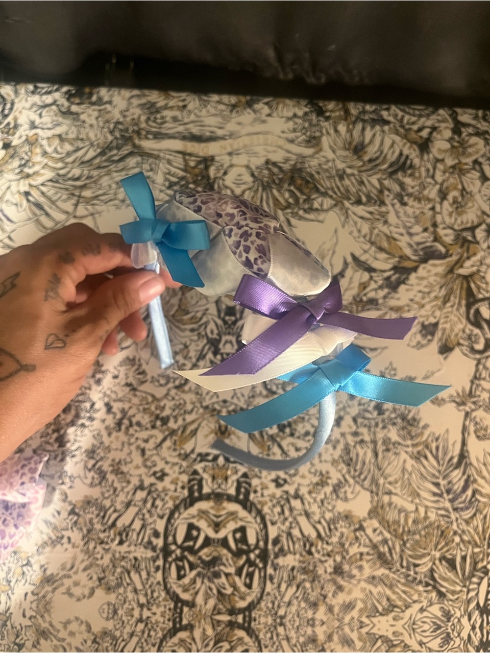 Handmade Light Blue Ribbon Bow Kids Headband with Purple Accents - Picture 3 of 5